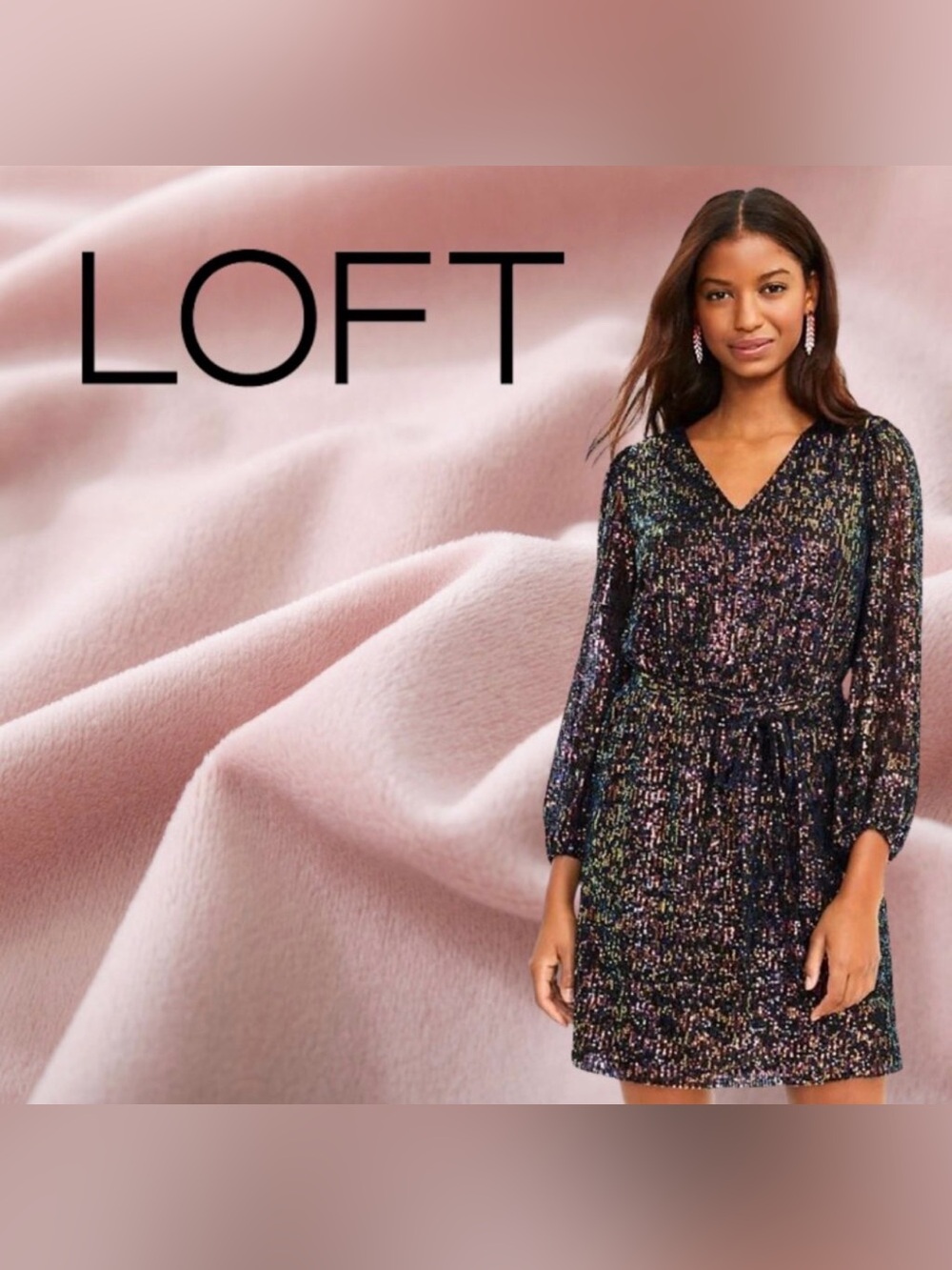 LOFT Black Multicolor Sequin Long-Sleeve V-Neck Dress